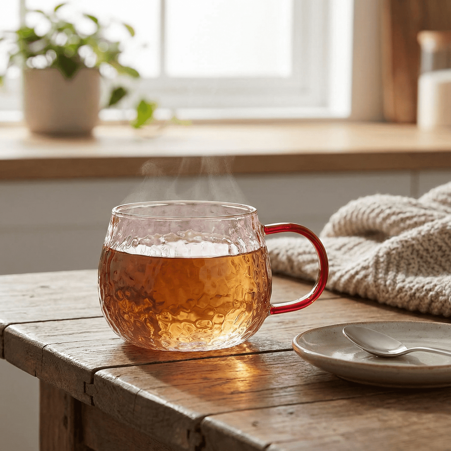 Hammered Glass Mug in Pink | Holiday Coffee & Cocoa Cup | 12oz