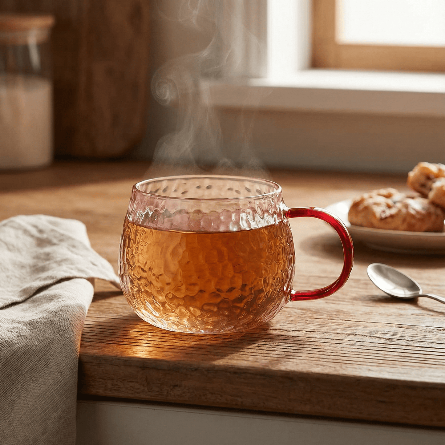 Hammered Glass Mug in Pink | Holiday Coffee & Cocoa Cup | 12oz