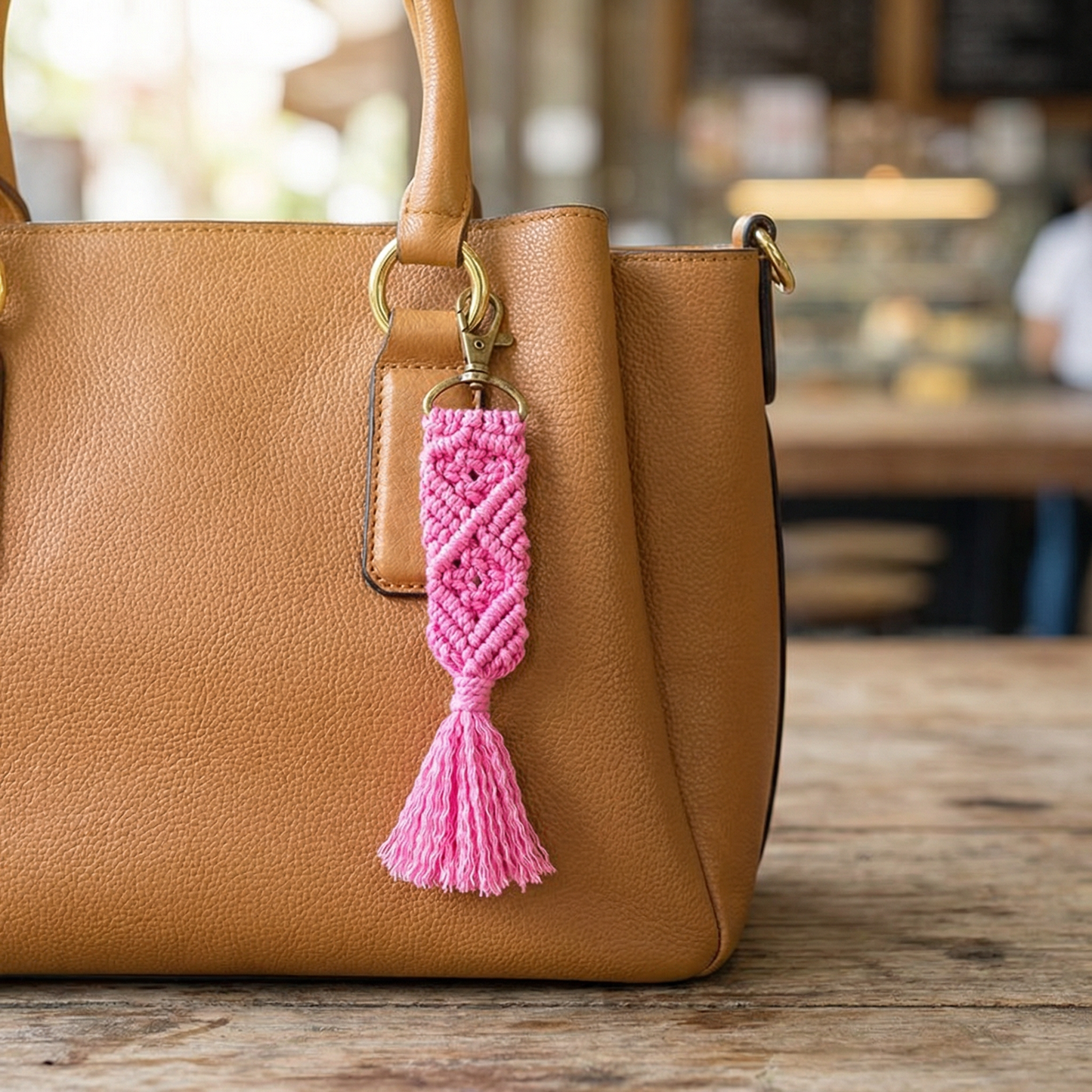 Hand Knotted Macrame Bag Charm Keychain in Pink