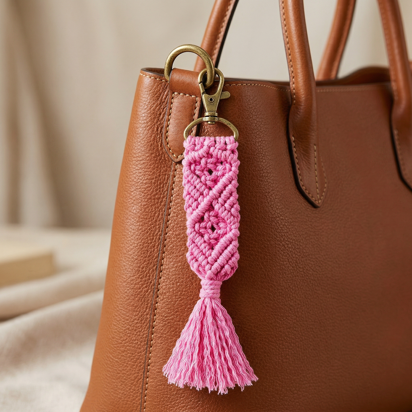 Hand Knotted Macrame Bag Charm Keychain in Pink
