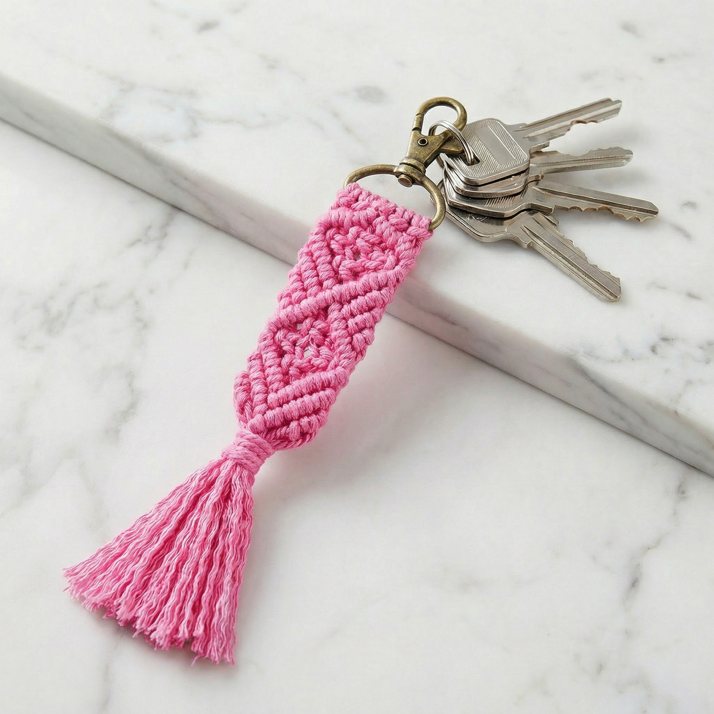 Hand Knotted Macrame Bag Charm Keychain in Pink