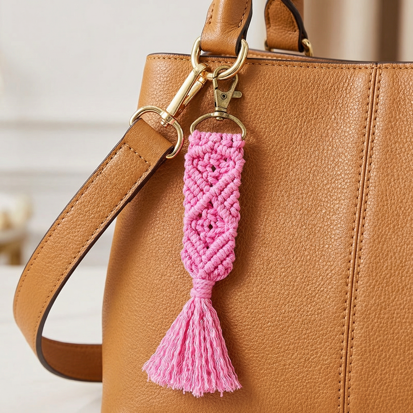 Hand Knotted Macrame Bag Charm Keychain in Pink