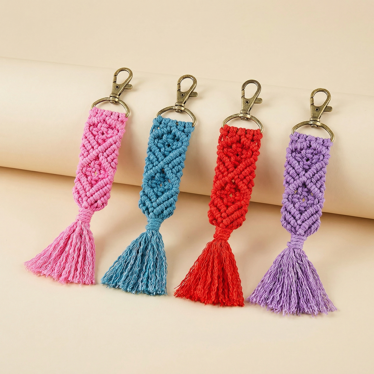 Hand Knotted Macrame Bag Charm Keychain in Pink