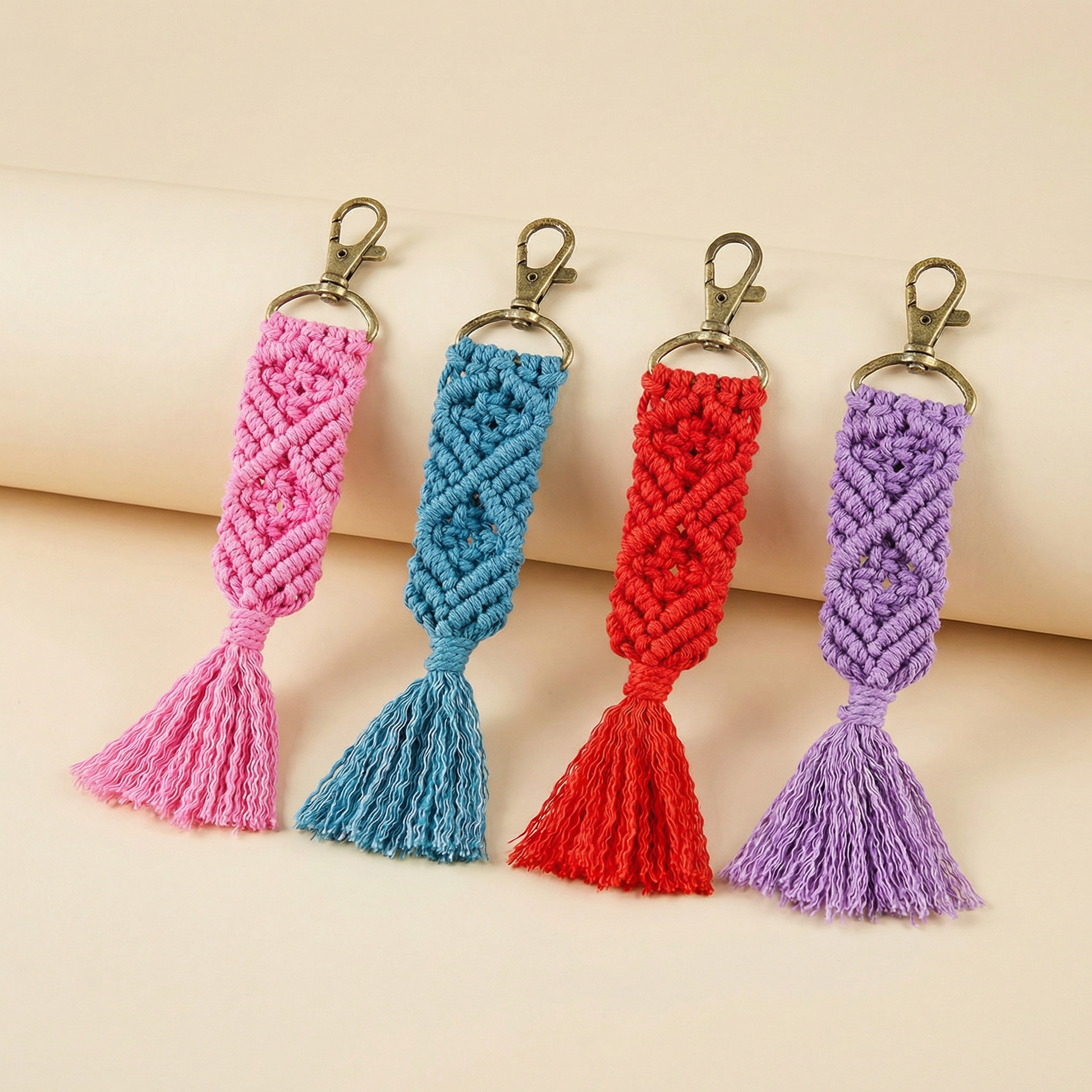 Hand Knotted Macrame Bag Charm Keychain in Pink