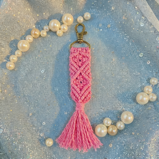 Hand Knotted Macrame Bag Charm Keychain in Pink