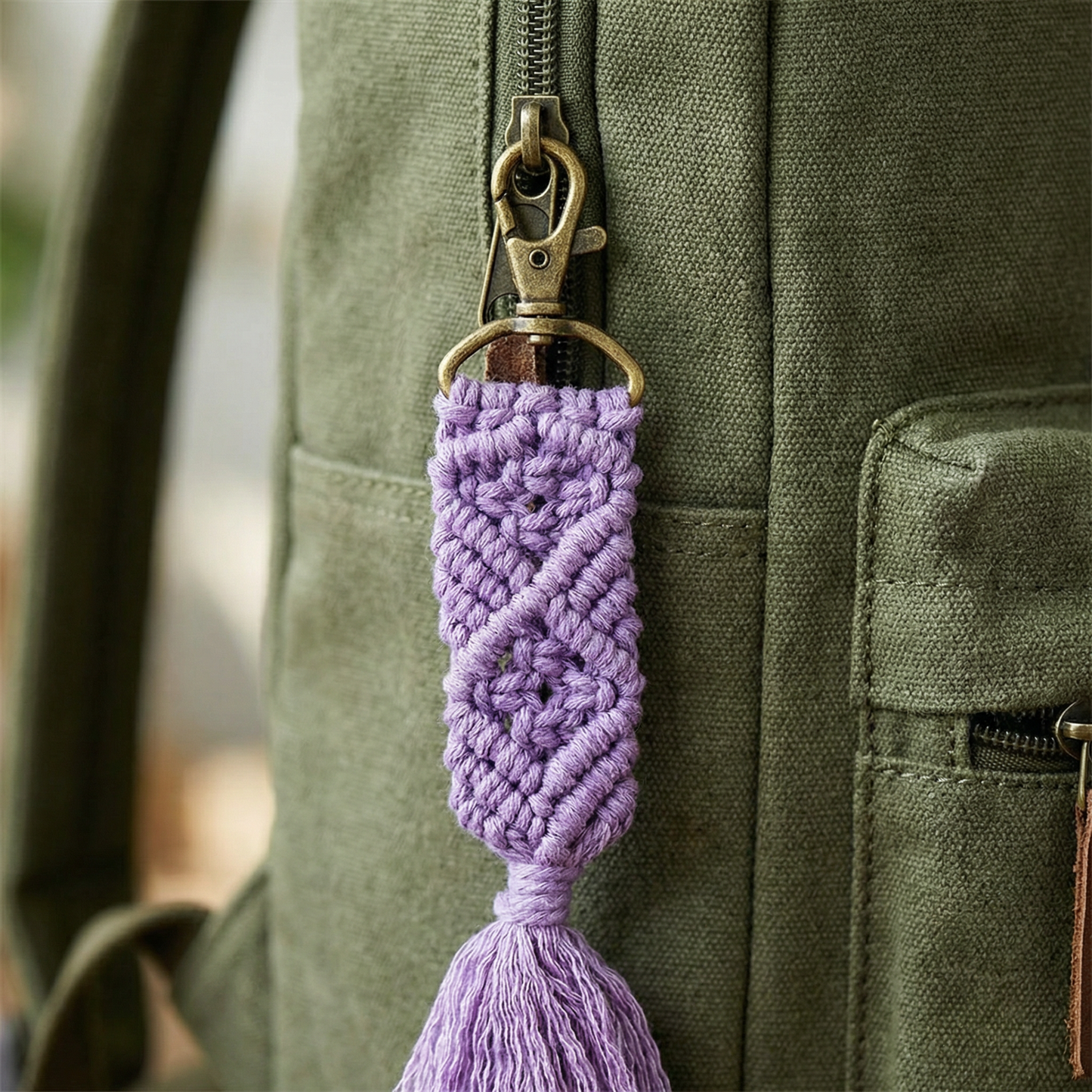 Hand Knotted Macrame Bag Charm Keychain in Purple