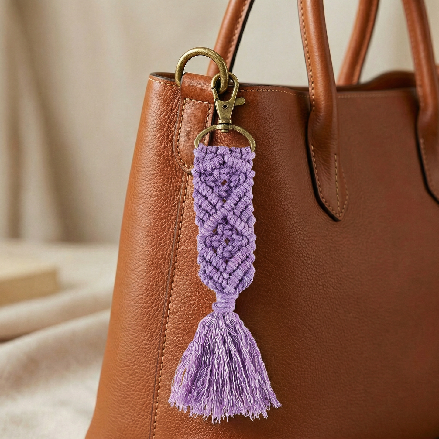 Hand Knotted Macrame Bag Charm Keychain in Purple