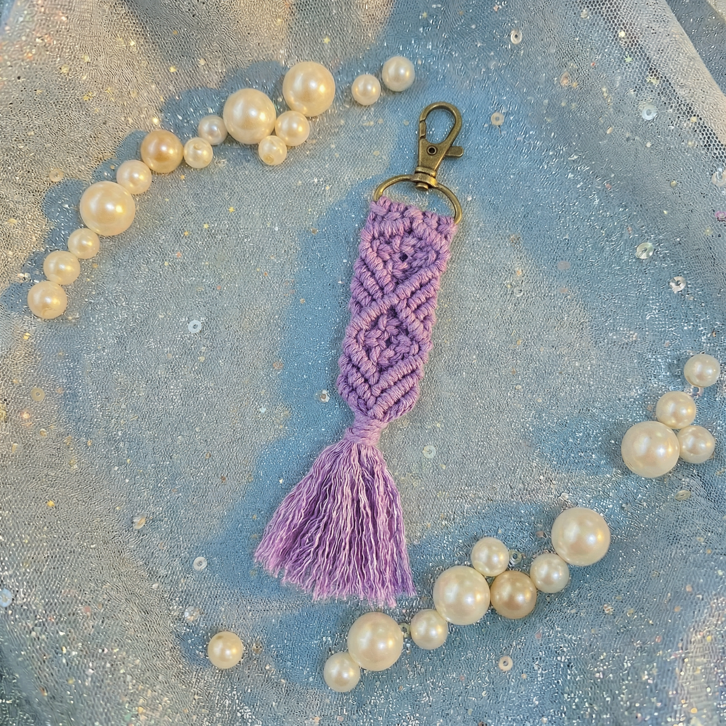 Hand Knotted Macrame Bag Charm Keychain in Purple