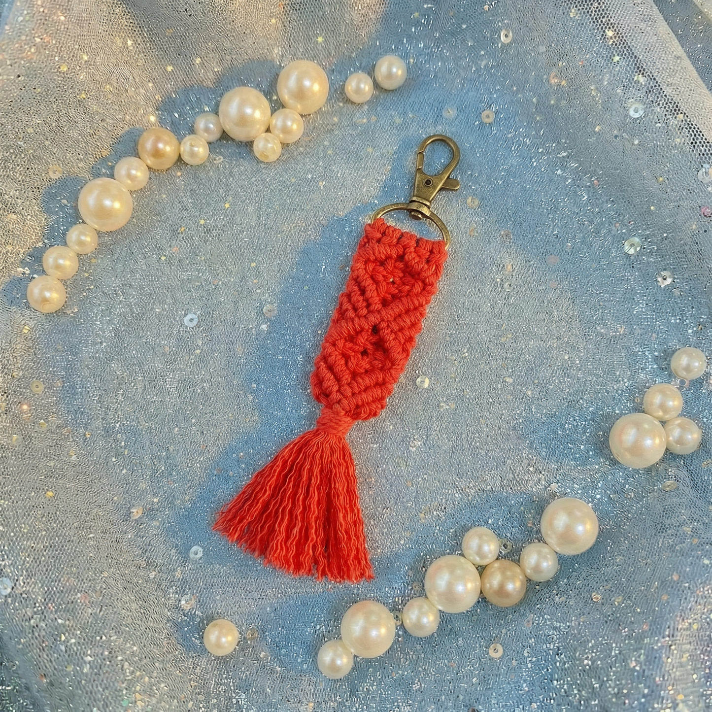 Hand Knotted Macrame Bag Charm Keychain in Red