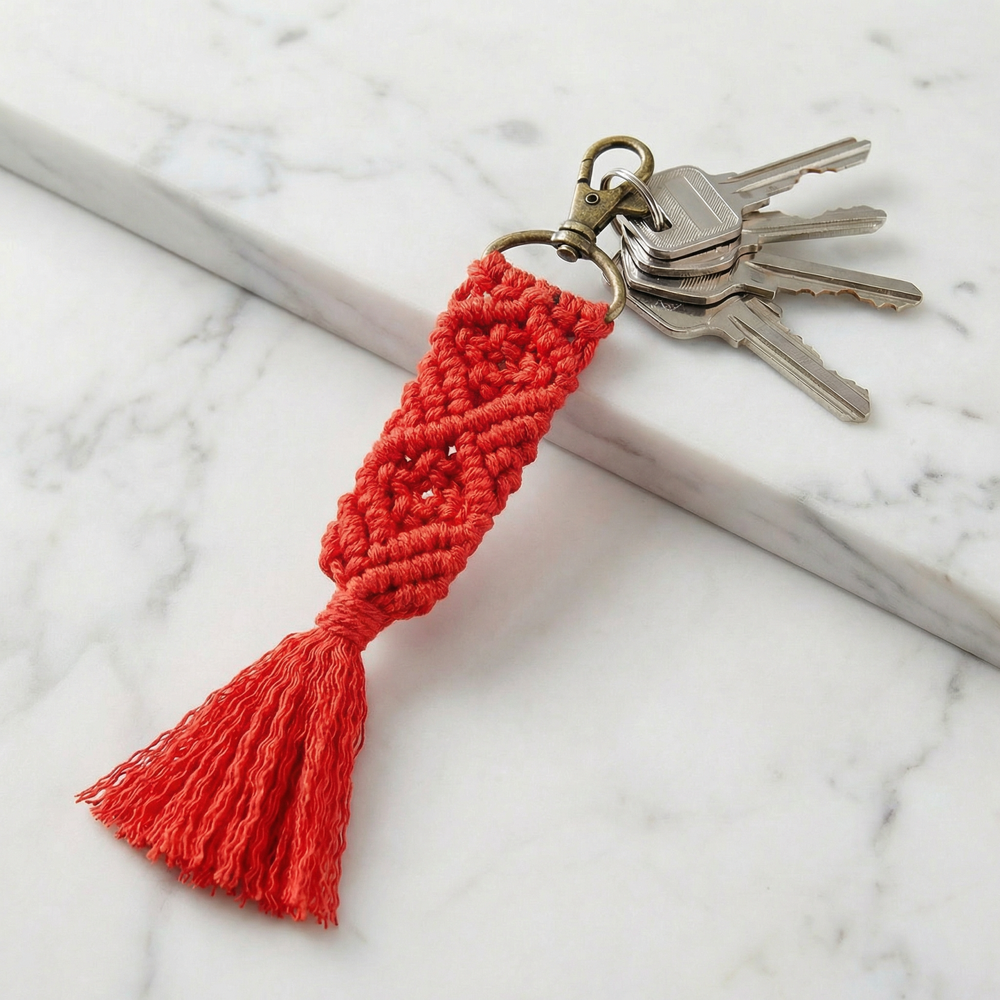 Hand Knotted Macrame Bag Charm Keychain in Red