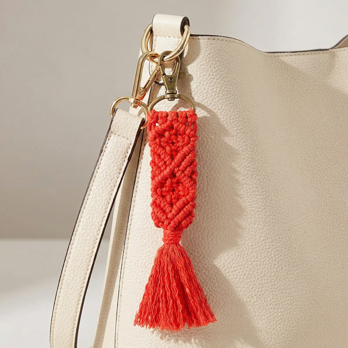 Hand Knotted Macrame Bag Charm Keychain in Red
