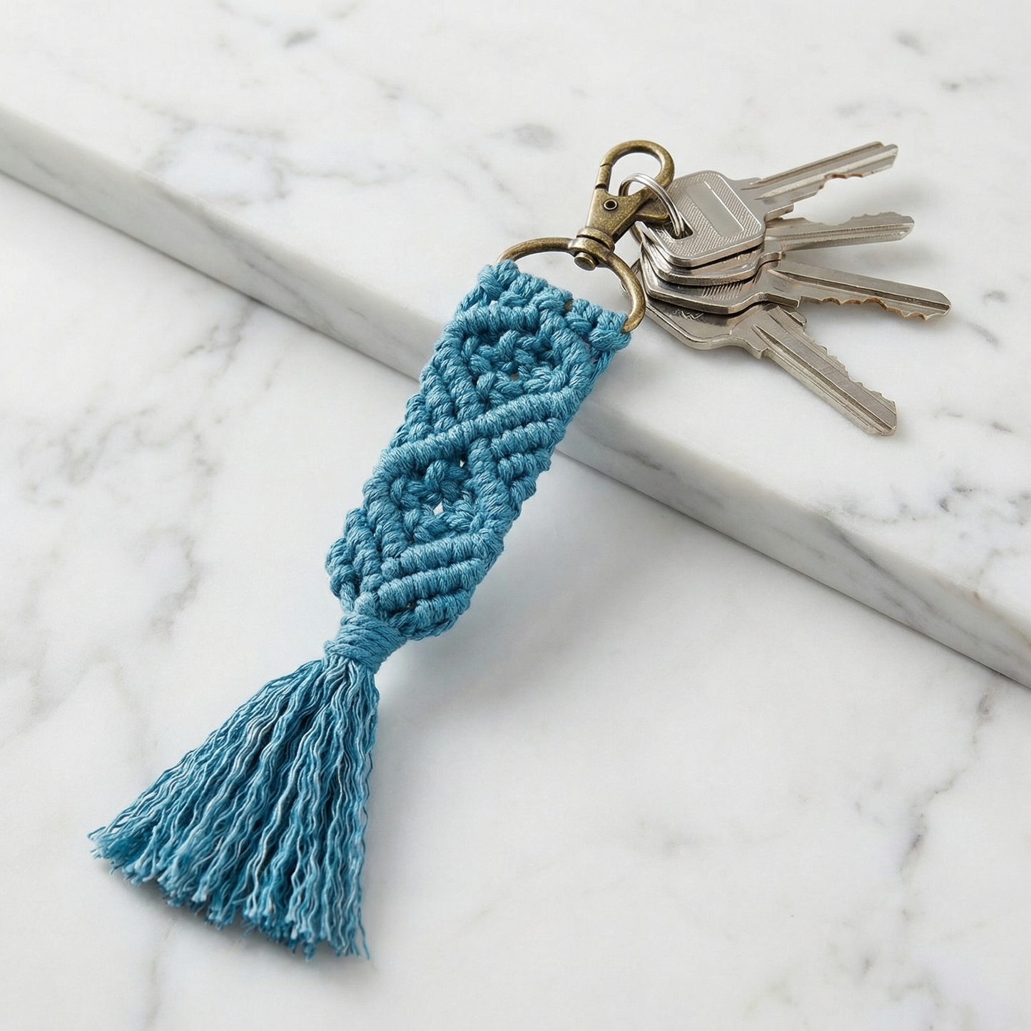 Hand Knotted Macrame Bag Charm Keychain in Teal