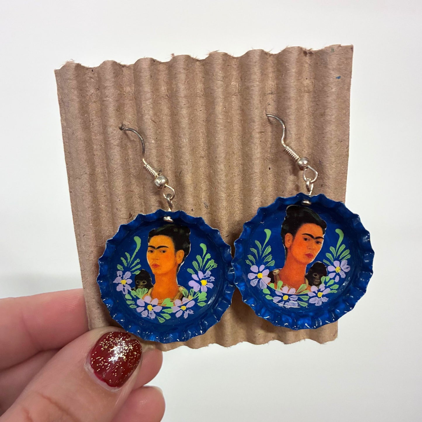 Hand Painted Bottlecap Frida Kahlo Earrings in 4 Color Combos | Made in Peru Hook Dangling Earrings