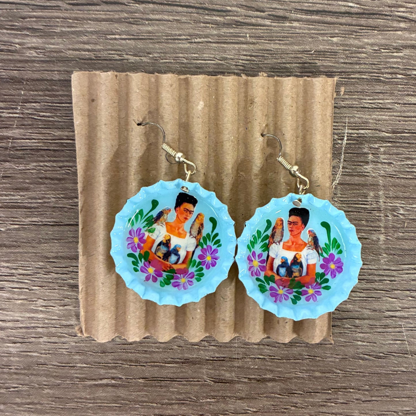Hand Painted Bottlecap Frida Kahlo Earrings in 4 Color Combos | Made in Peru Hook Dangling Earrings