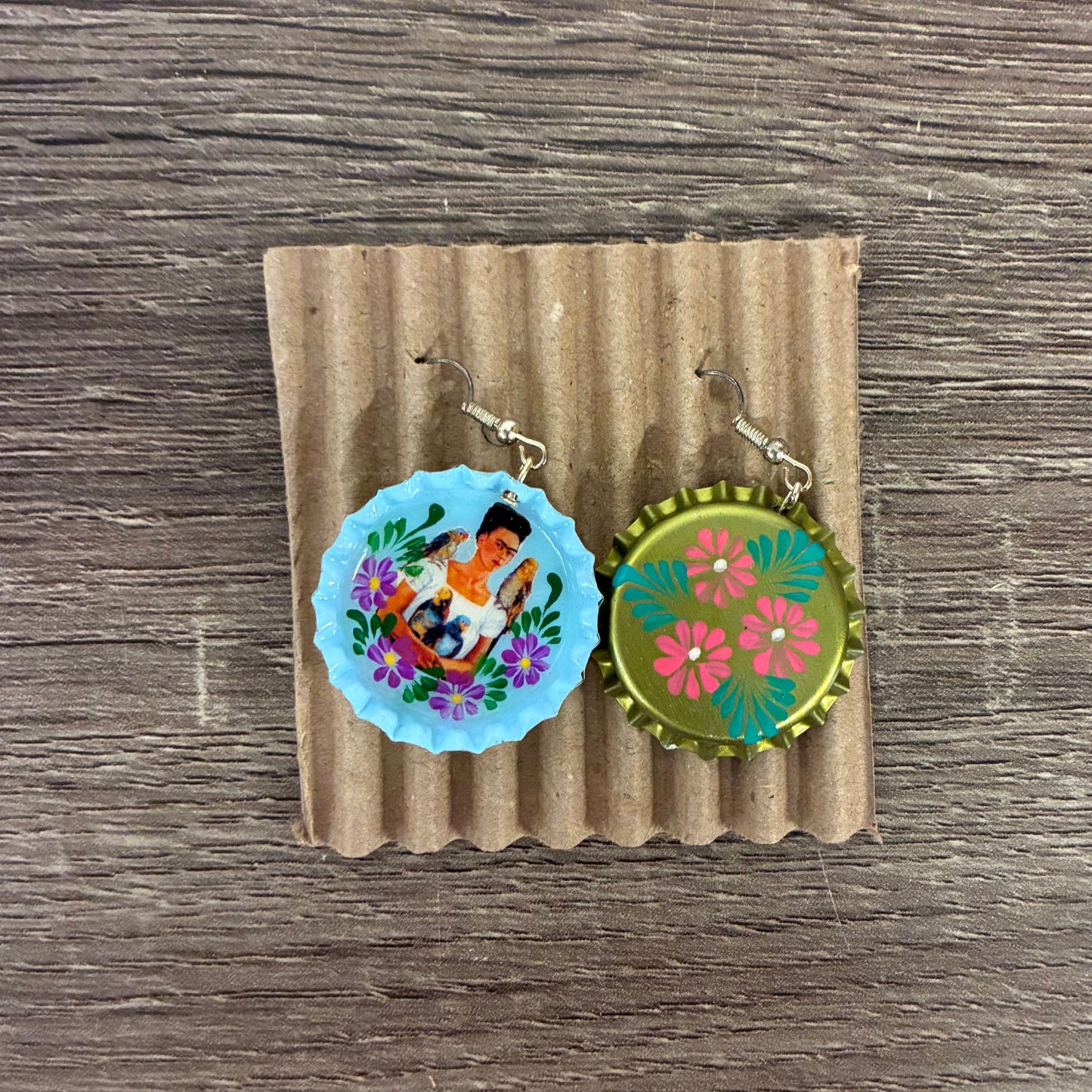 Hand Painted Bottlecap Frida Kahlo Earrings in 4 Color Combos | Made in Peru Hook Dangling Earrings