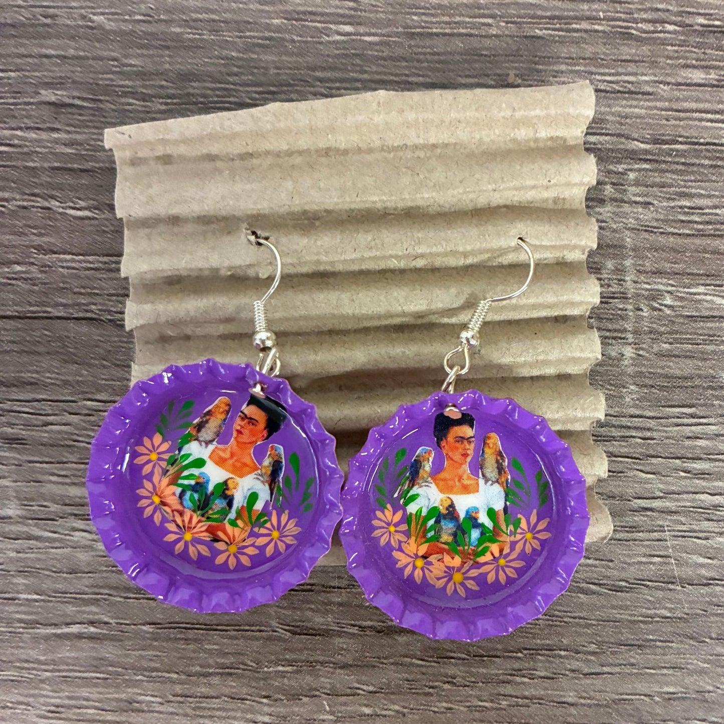 Hand Painted Bottlecap Frida Kahlo Earrings in 4 Color Combos | Made in Peru Hook Dangling Earrings