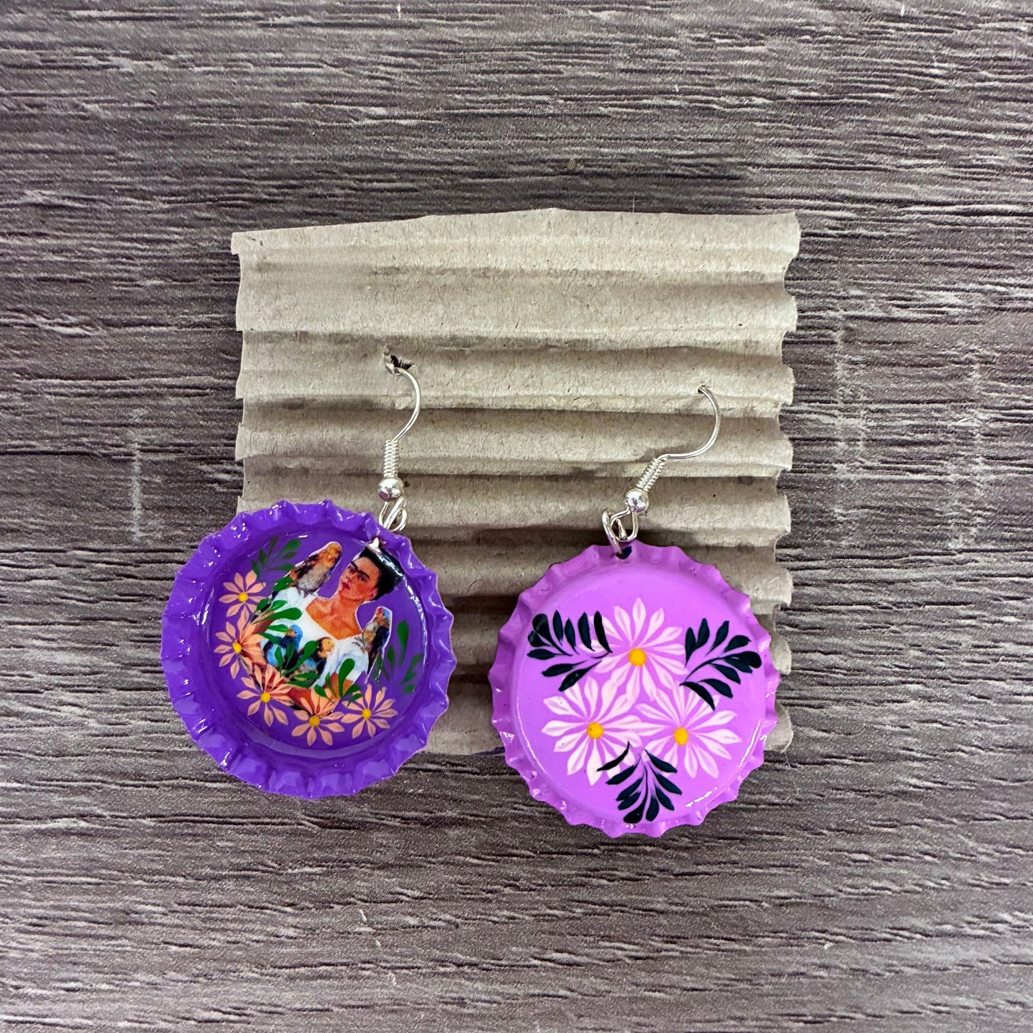 Hand Painted Bottlecap Frida Kahlo Earrings in 4 Color Combos | Made in Peru Hook Dangling Earrings