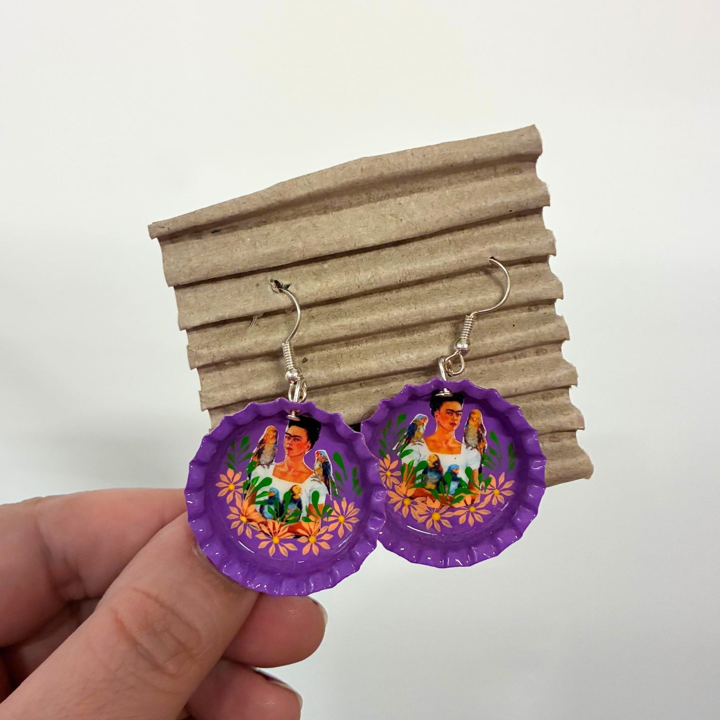 Hand Painted Bottlecap Frida Kahlo Earrings in 4 Color Combos | Made in Peru Hook Dangling Earrings