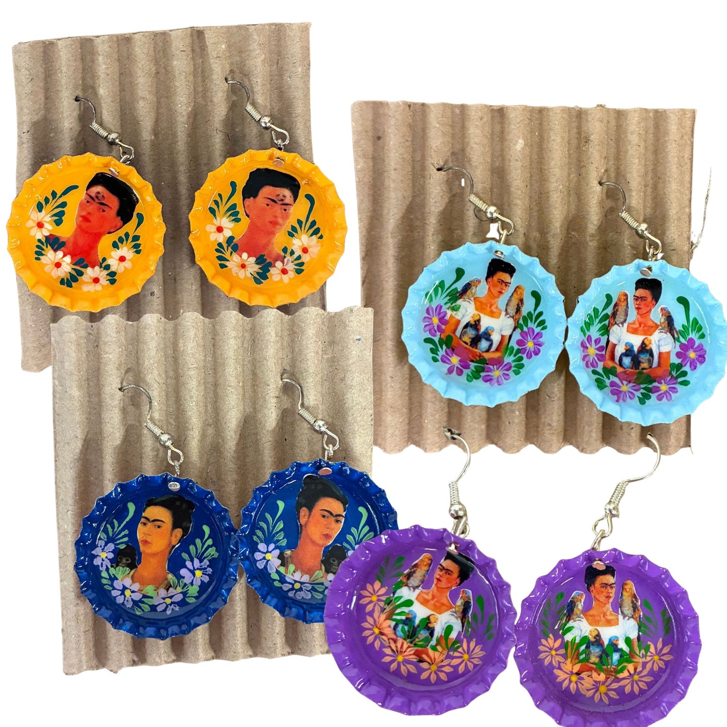 Hand Painted Bottlecap Frida Kahlo Earrings in 4 Color Combos | Made in Peru Hook Dangling Earrings