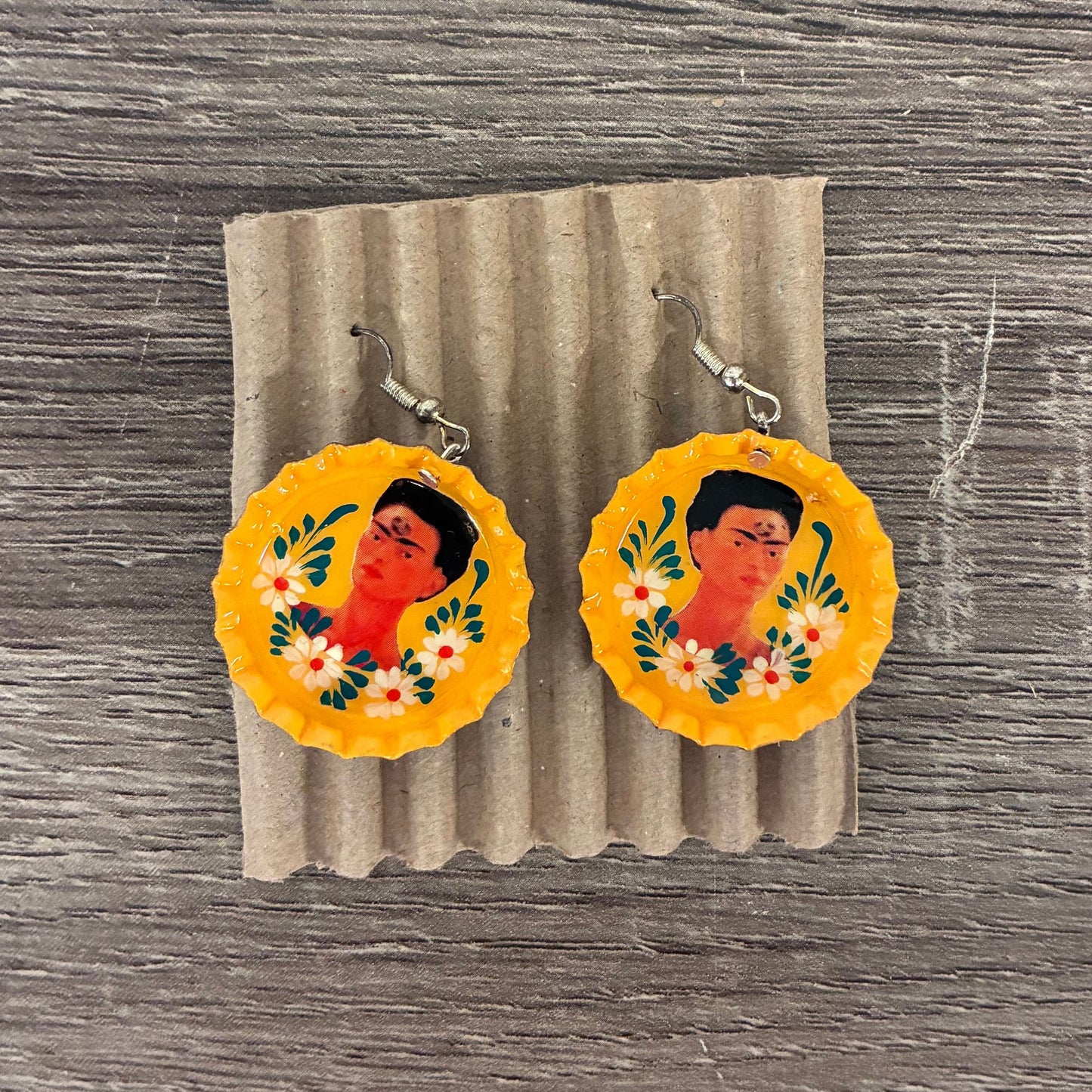 Hand Painted Bottlecap Frida Kahlo Earrings in 4 Color Combos | Made in Peru Hook Dangling Earrings
