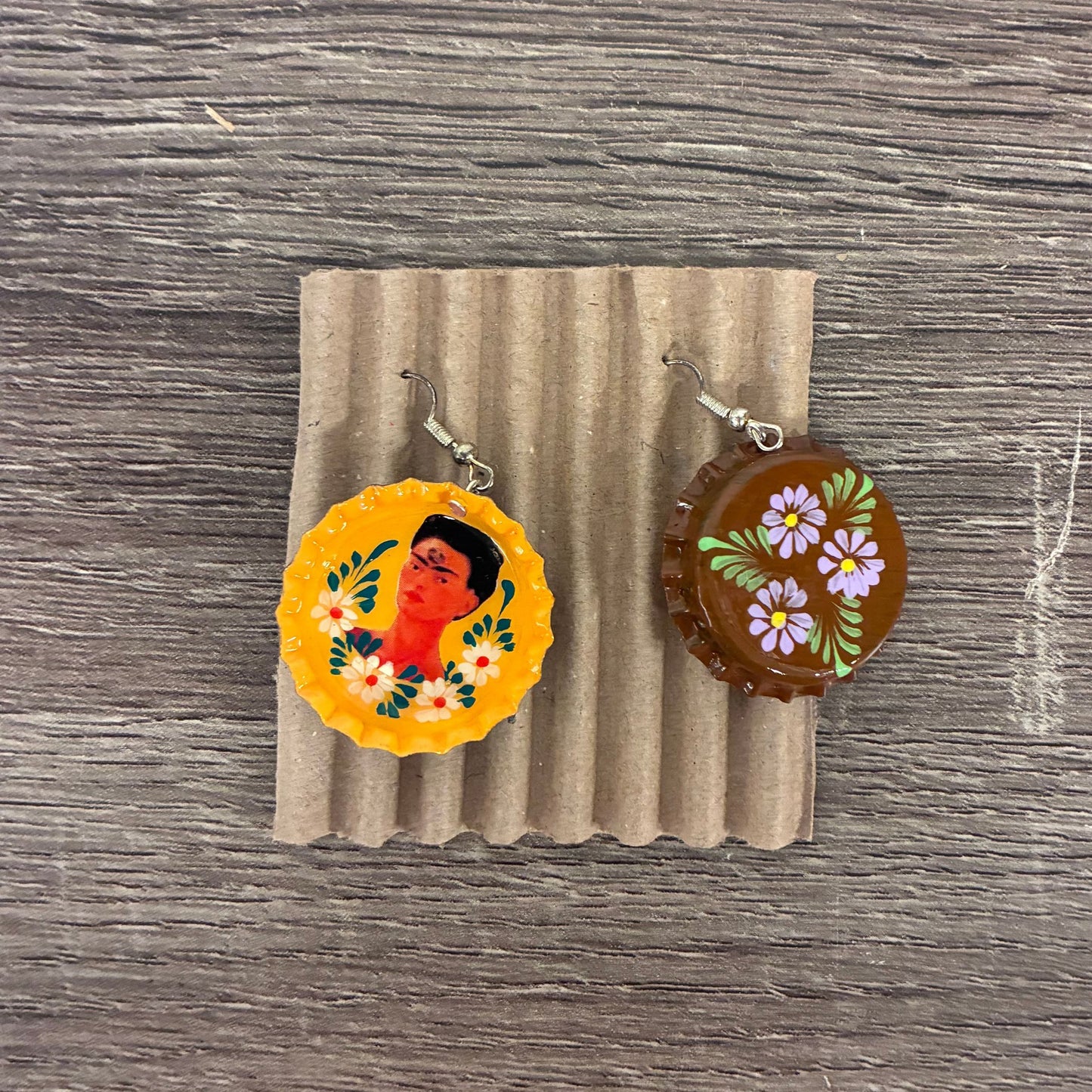Hand Painted Bottlecap Frida Kahlo Earrings in 4 Color Combos | Made in Peru Hook Dangling Earrings