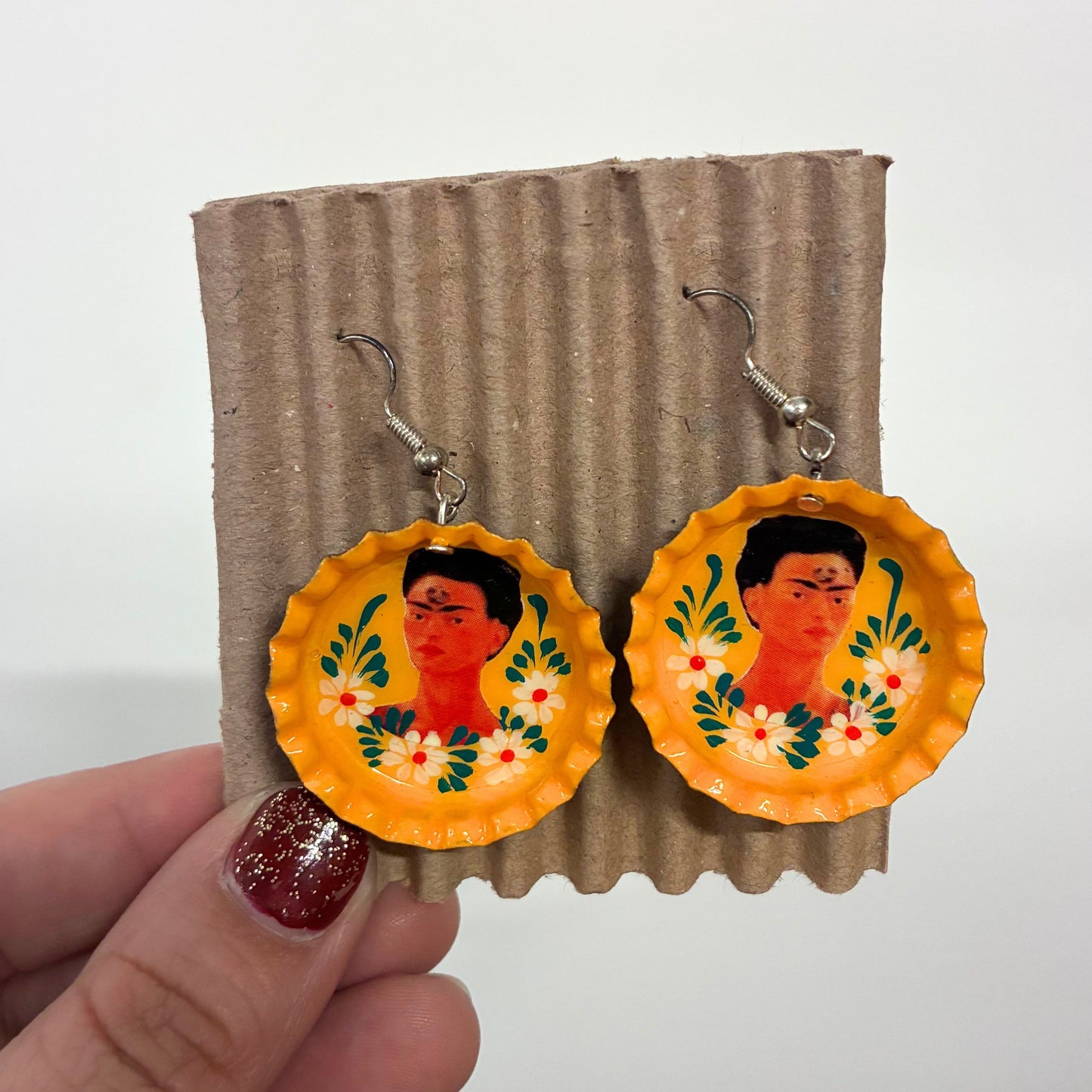 Hand Painted Bottlecap Frida Kahlo Earrings in 4 Color Combos | Made in Peru Hook Dangling Earrings