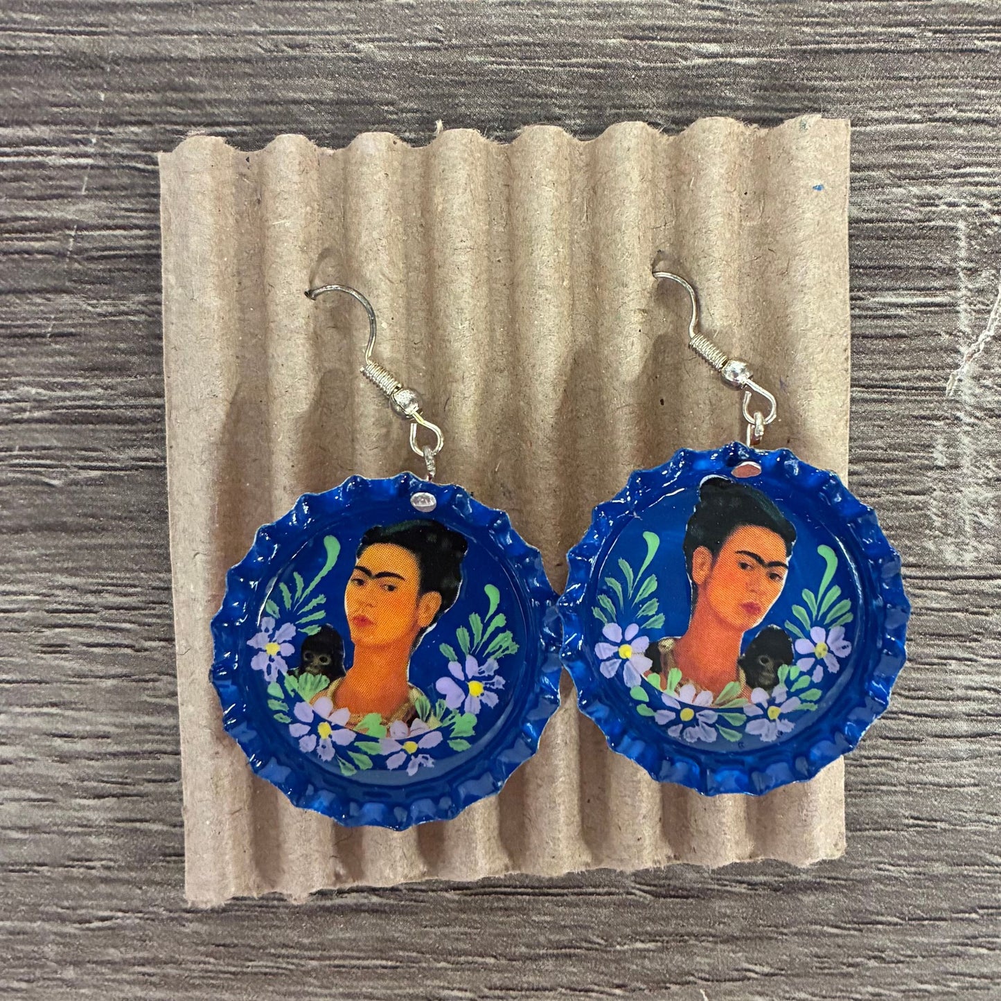 Hand Painted Bottlecap Frida Kahlo Earrings in 4 Color Combos | Made in Peru Hook Dangling Earrings
