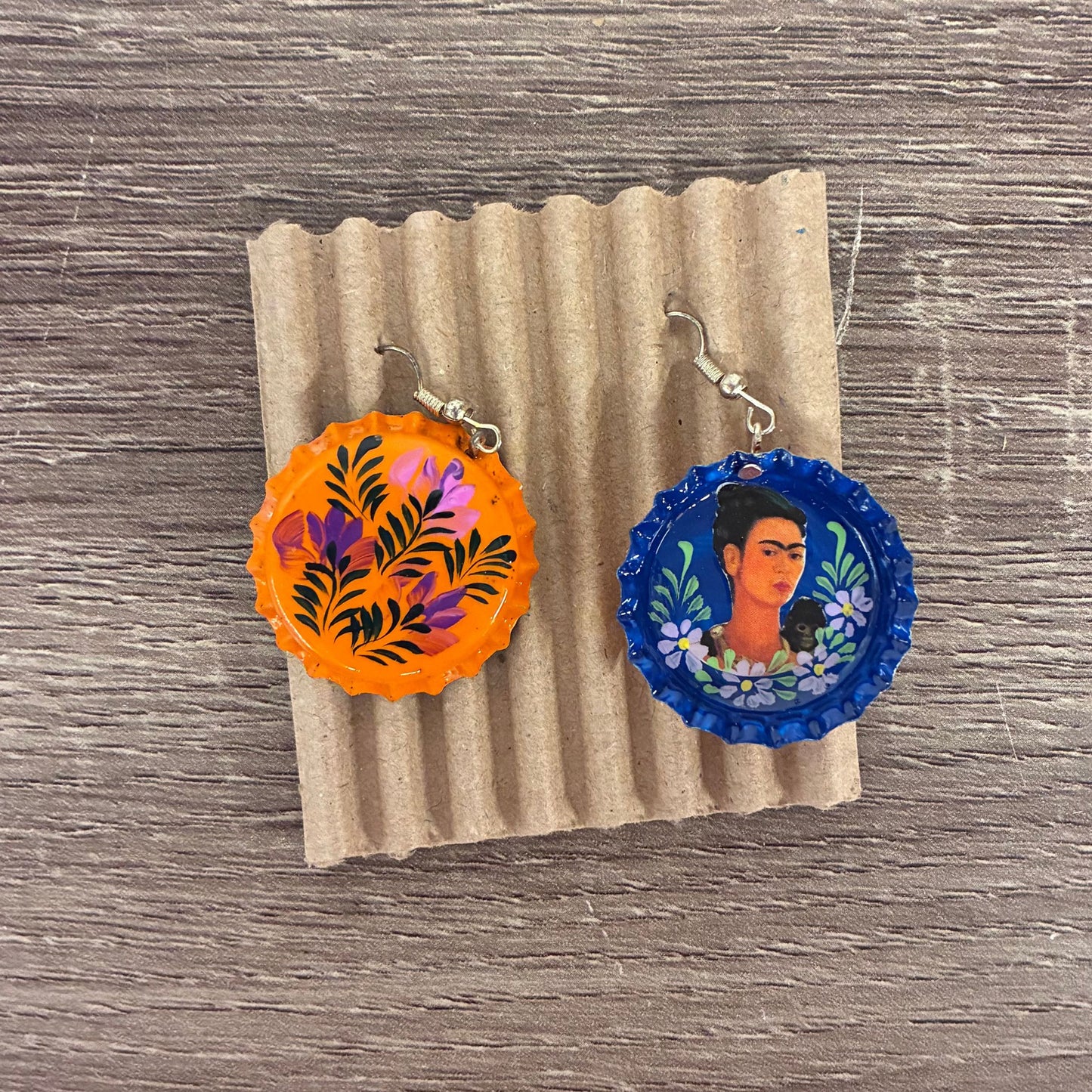 Hand Painted Bottlecap Frida Kahlo Earrings in 4 Color Combos | Made in Peru Hook Dangling Earrings