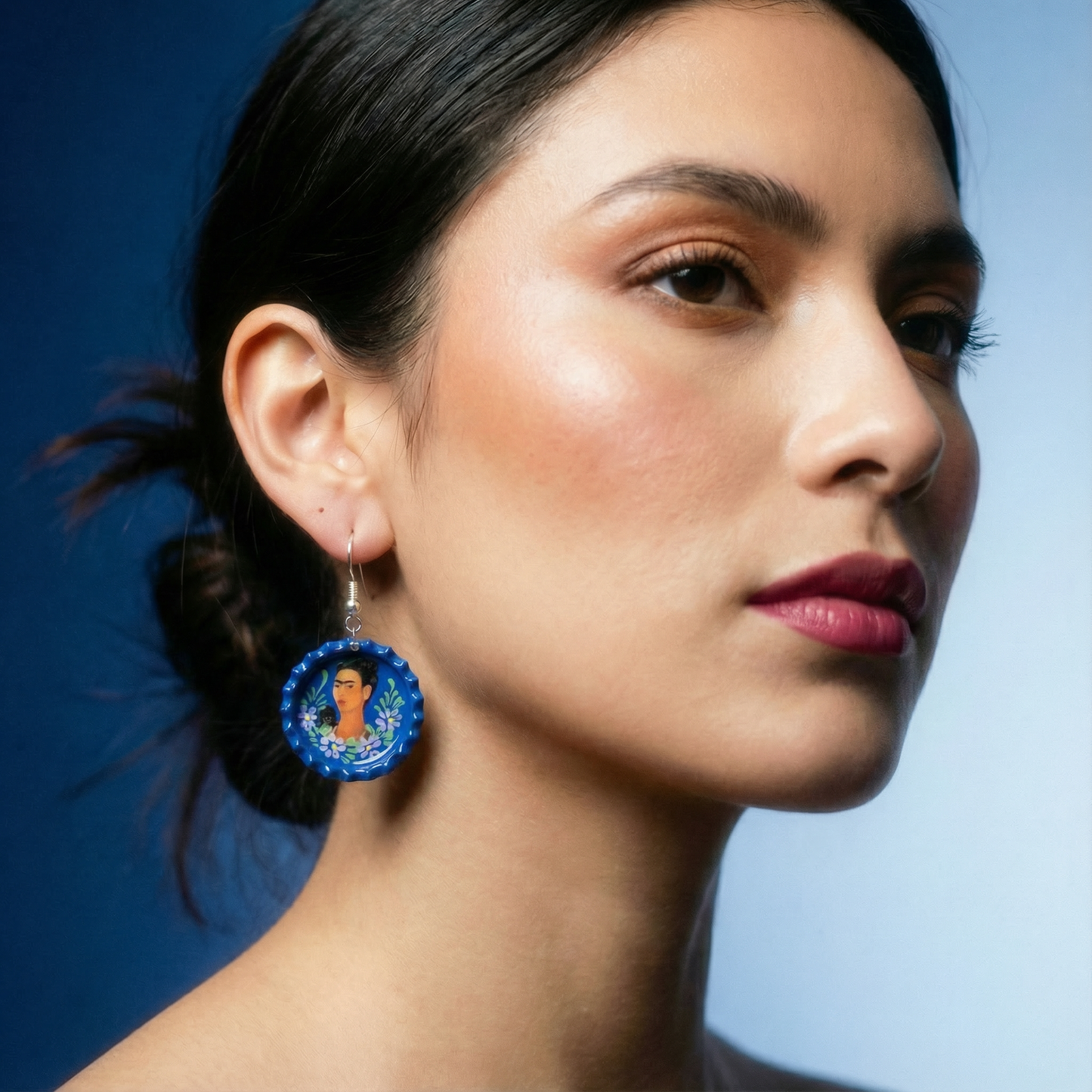 Hand Painted Bottlecap Frida Kahlo Earrings in 4 Color Combos | Made in Peru Hook Dangling Earrings
