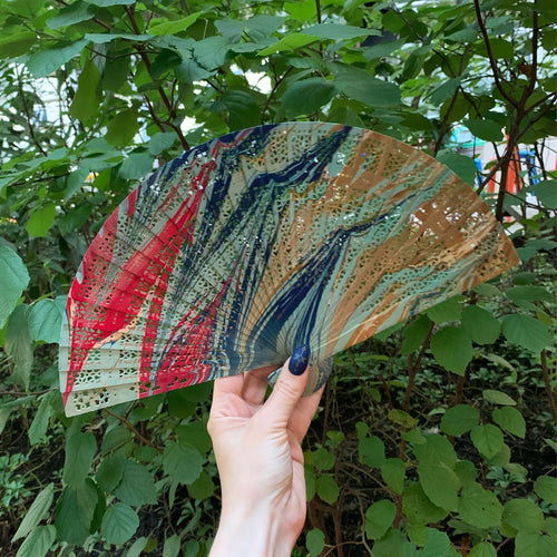 Hand Painted Marbled Wooden Fans - One of a Kind Ebru Art