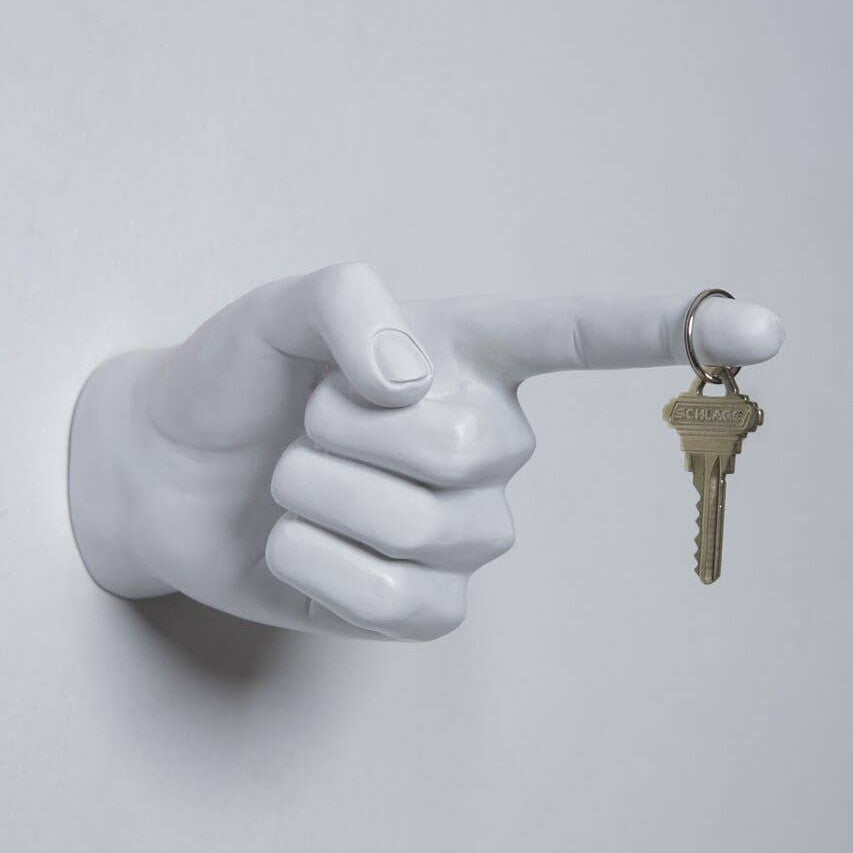 Hand with Pointing Finger Wall Mounted Hook Sculpture | White Ceramic | 8" Tall