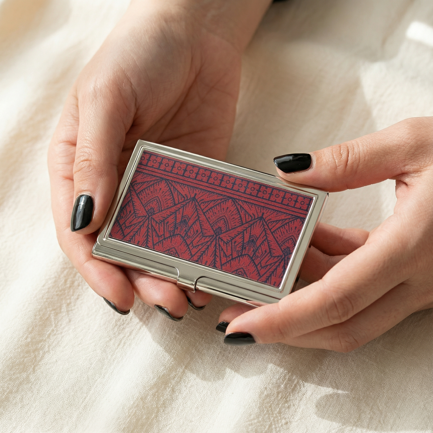 Handmade Art Deco Business Card Case in Crimson Red and Black
