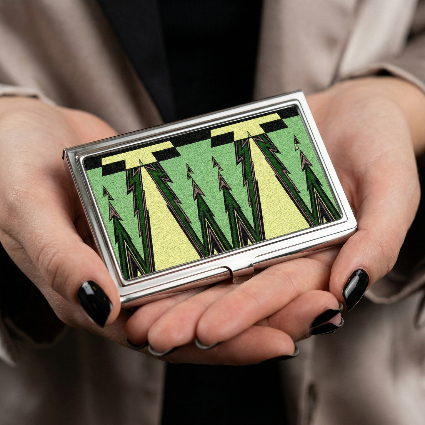 Handmade Art Deco Green Business Card Case in Vintage Style - Silver