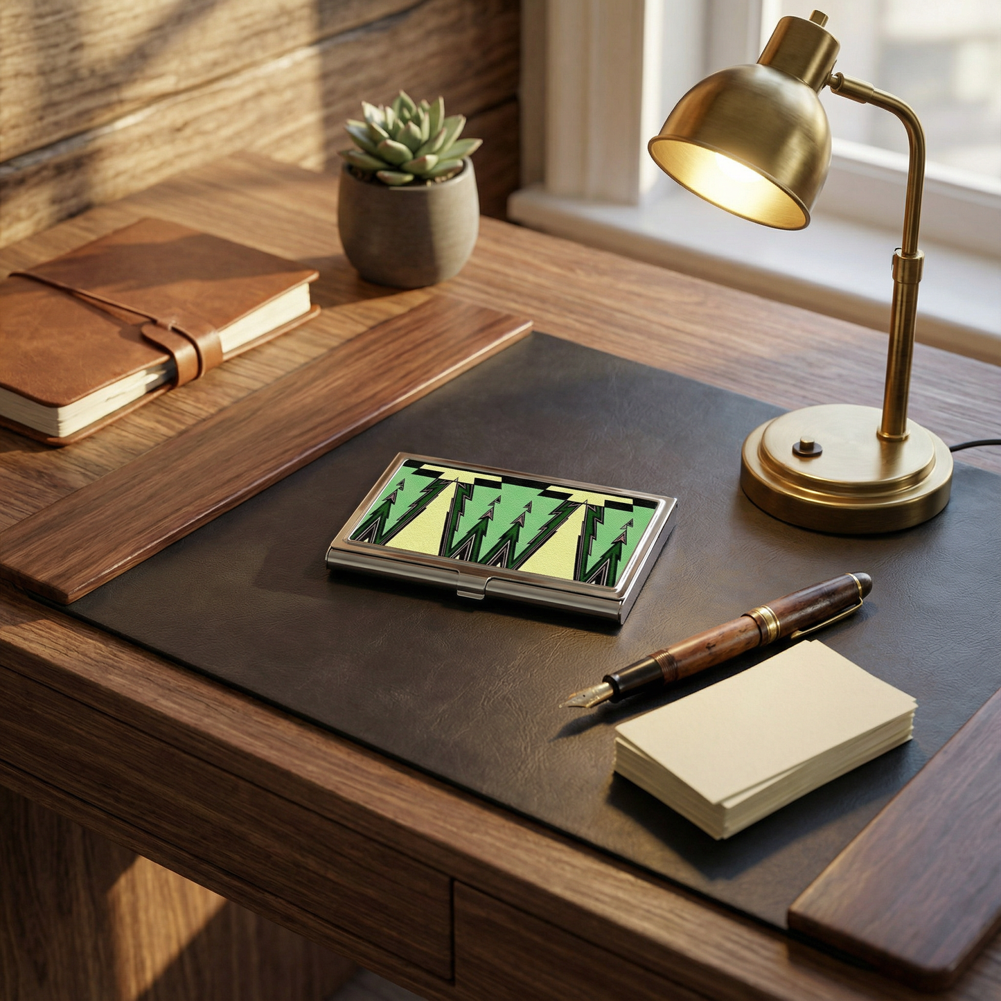 Handmade Art Deco Green Business Card Case in Vintage Style - Silver