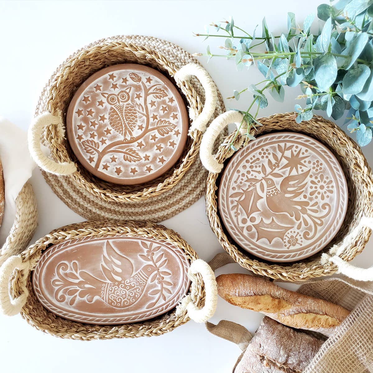 Handmade Bread Warmer & Wicker Basket | Fair Trade Warming Set in Bird Motif Round