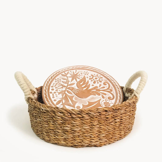 Handmade Bread Warmer & Wicker Basket | Fair Trade Warming Set in Bird Motif Round