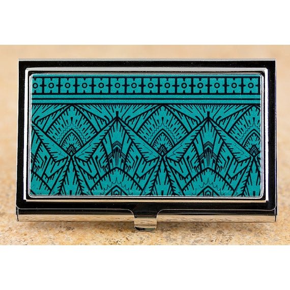 Handmade Empire Art Deco Business Card Case in Bold Teal and Black - Silver