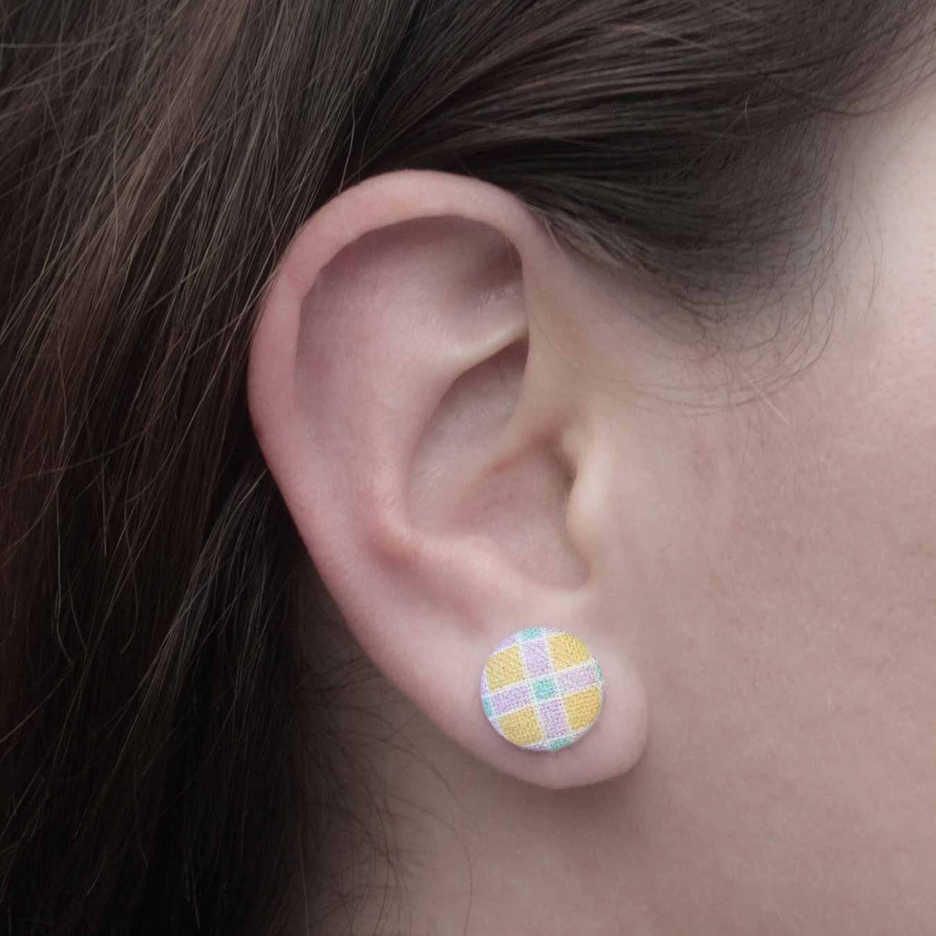 Pastel Plaid Fabric Button Earrings