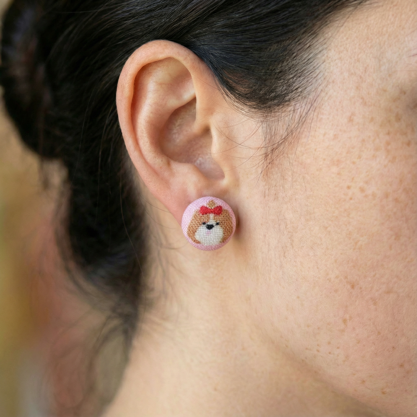 Shih Tzu with Bow Fabric Button Earrings