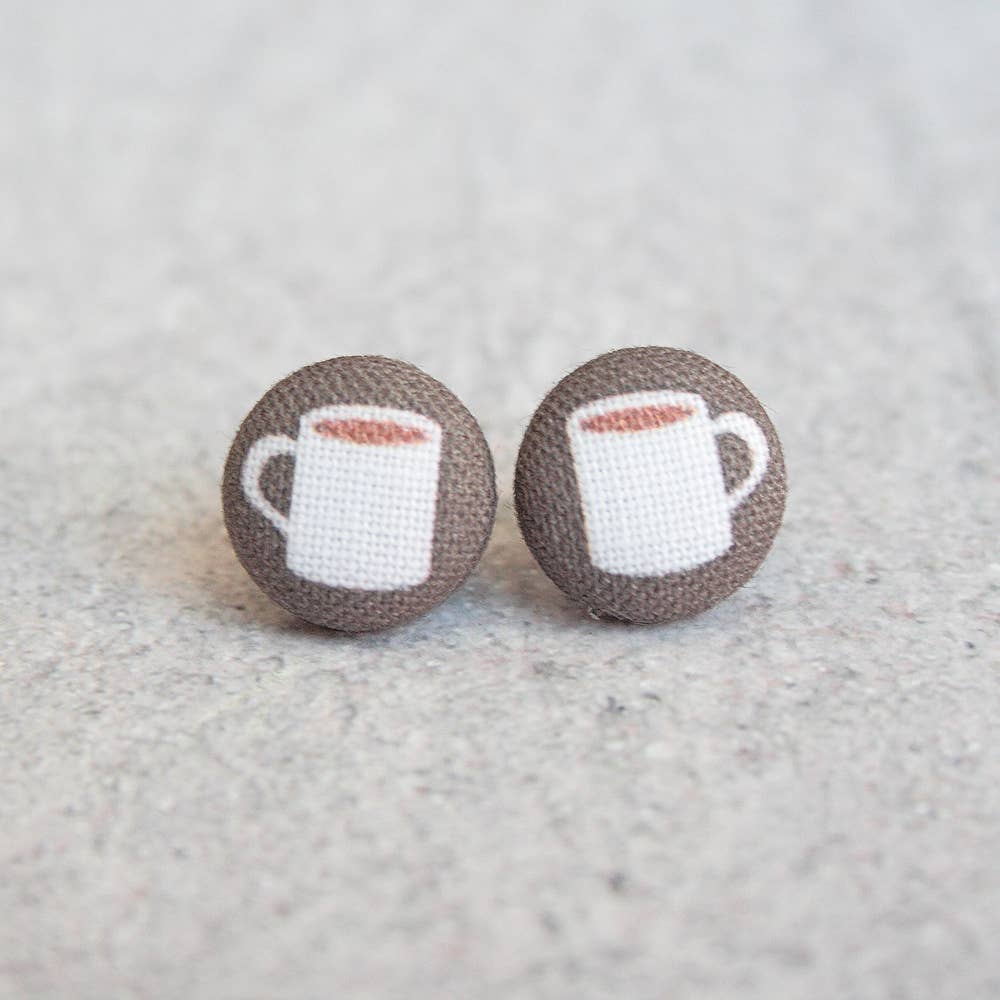 Coffee Fabric Button Earrings | Handmade in the US