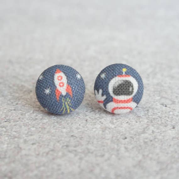 Space Man Fabric Button Earrings | Handmade in the US