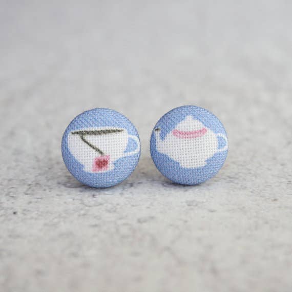 Time for Tea Fabric Button Earrings | Handmade in the US
