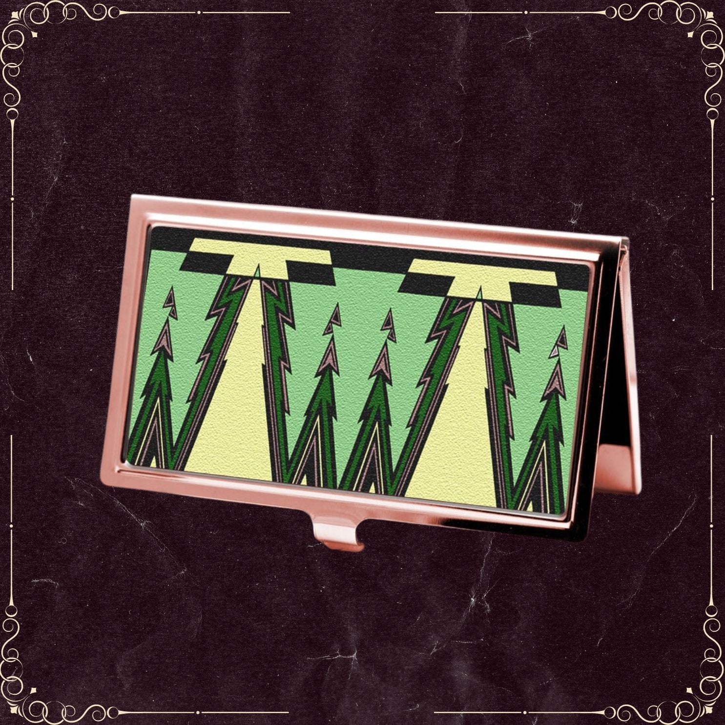 Handmade Green Envy Art Deco Business Card Holder in Rose Gold