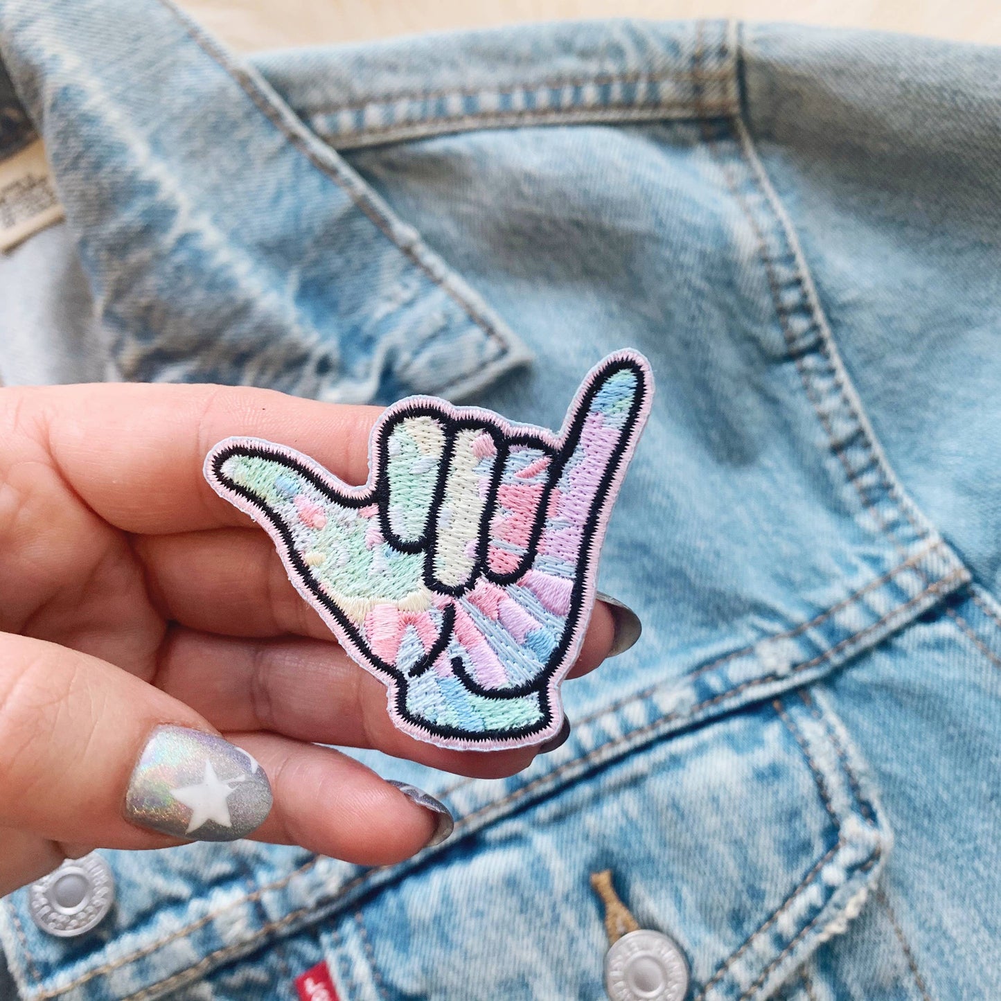 Hang Loose Hand Tie Dye Patch | Embroidered Cool Greeting Good Vibes Hand Sign