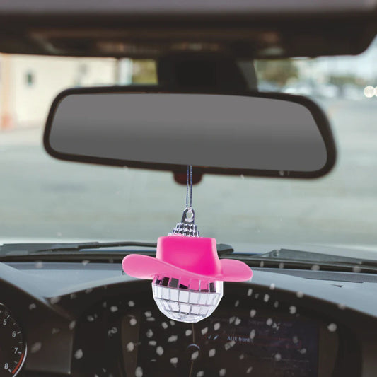 Hanging Cowboy Disco Ball | Pink Cowgirl Hat Rearview Mirror Charm