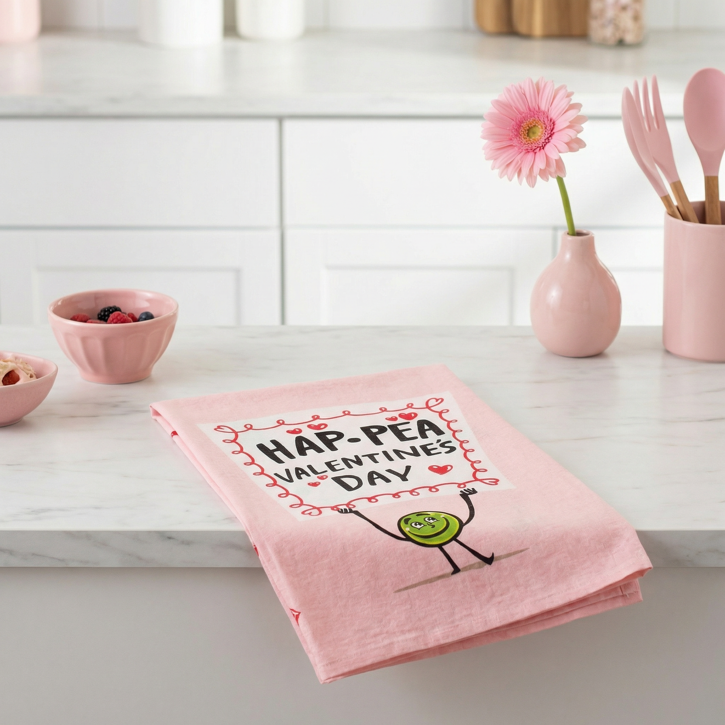 Hap-pea Valentine’s Day Kitchen Towel | Funny Valentine Pea Dish Towel | Pink Cotton Holiday Kitchen Decor
