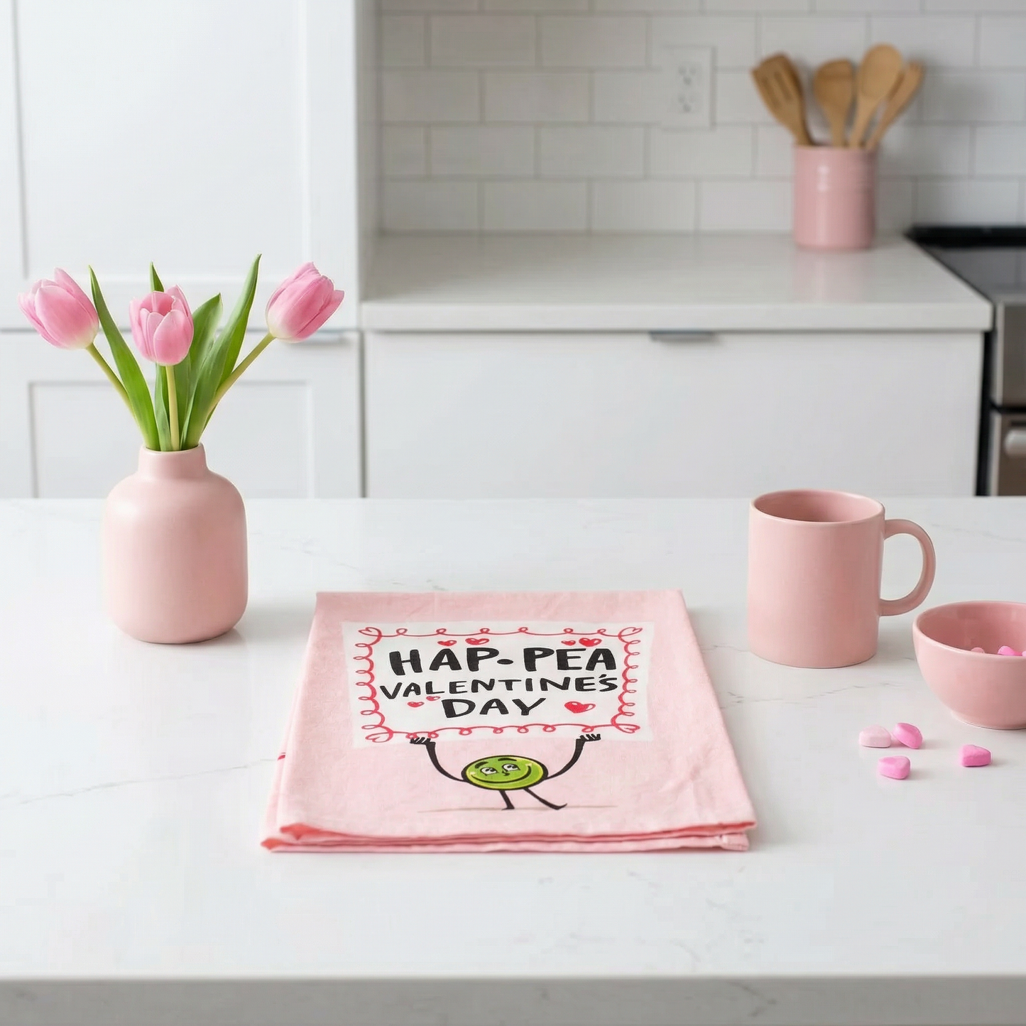 Hap-pea Valentine’s Day Kitchen Towel | Funny Valentine Pea Dish Towel | Pink Cotton Holiday Kitchen Decor