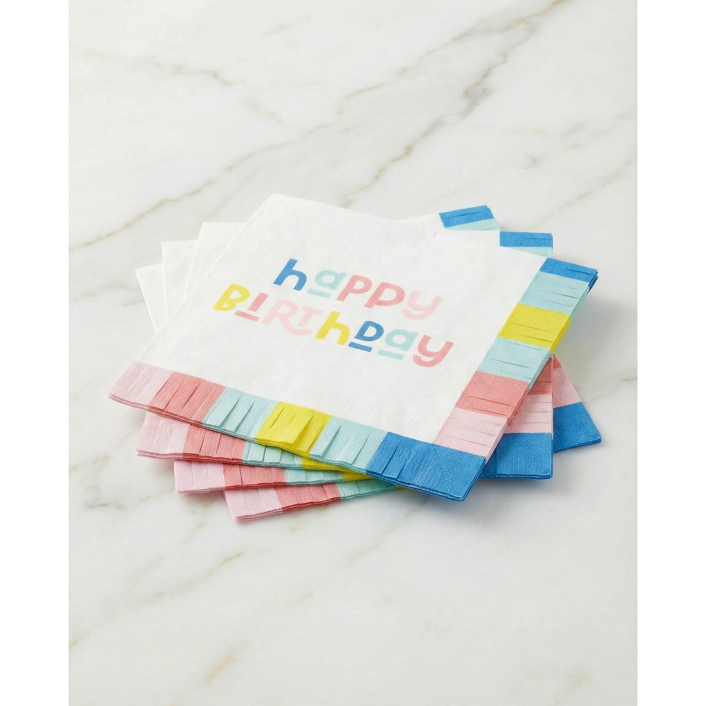 Happy Birthday Fringed Party Napkins | Cocktail Size Paper Napkins | 5”