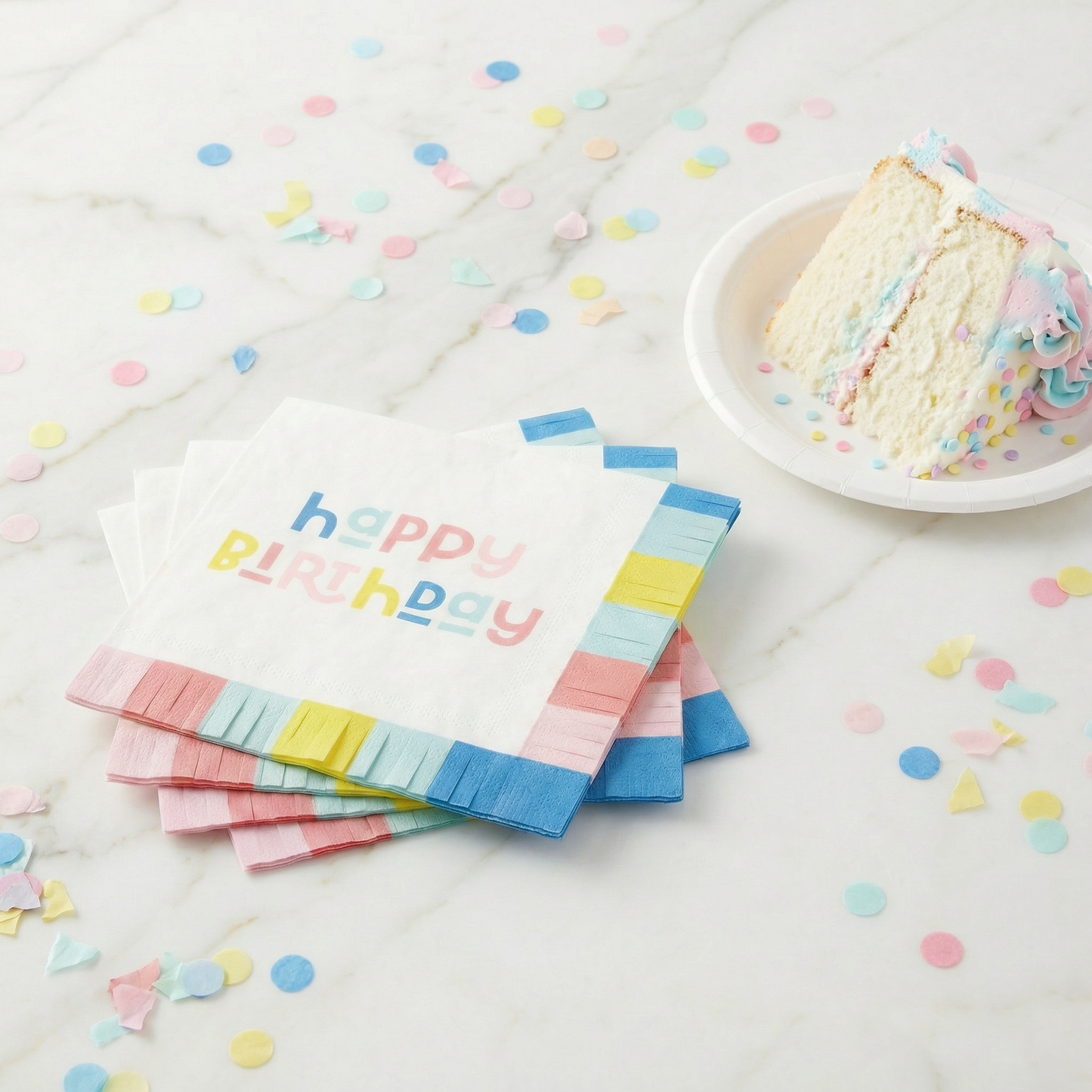 Happy Birthday Fringed Party Napkins | Cocktail Size Paper Napkins | 5”