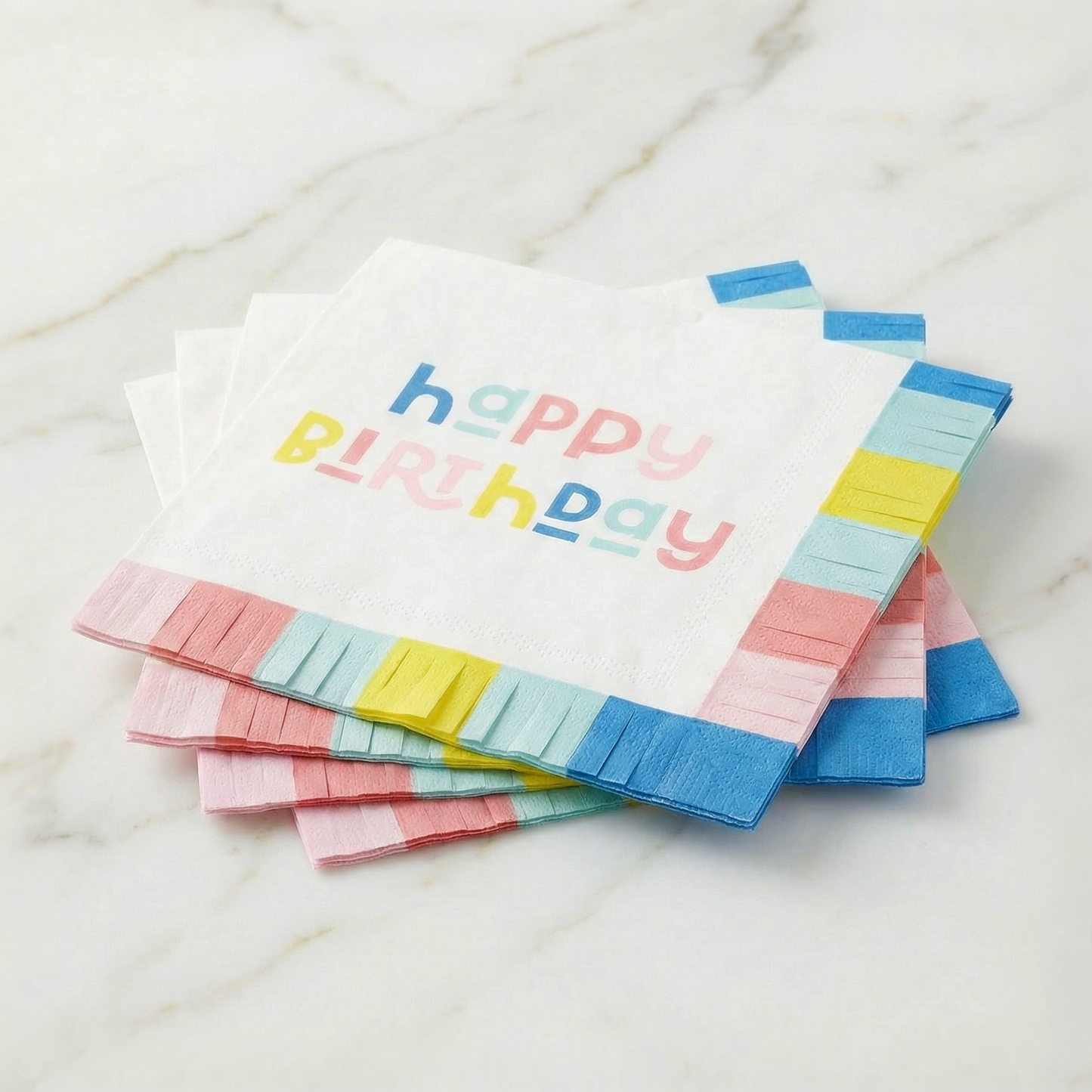 Happy Birthday Fringed Party Napkins | Cocktail Size Paper Napkins | 5”